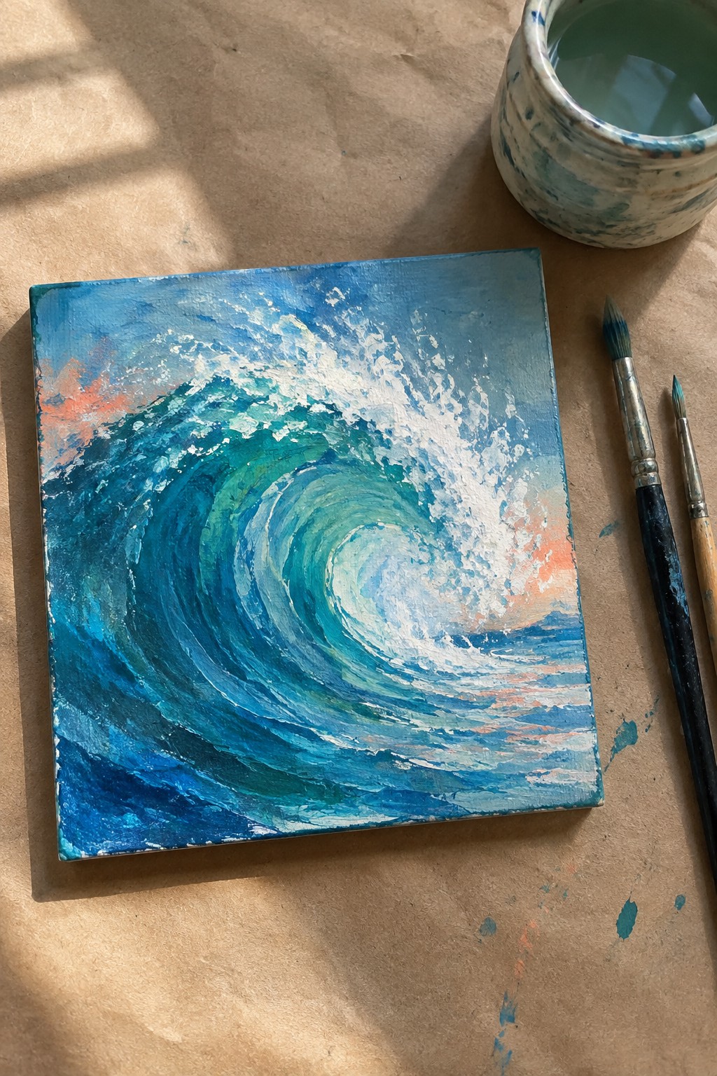 Impressionistic painting of curling blue wave on canvas beside brushes and ceramic jar