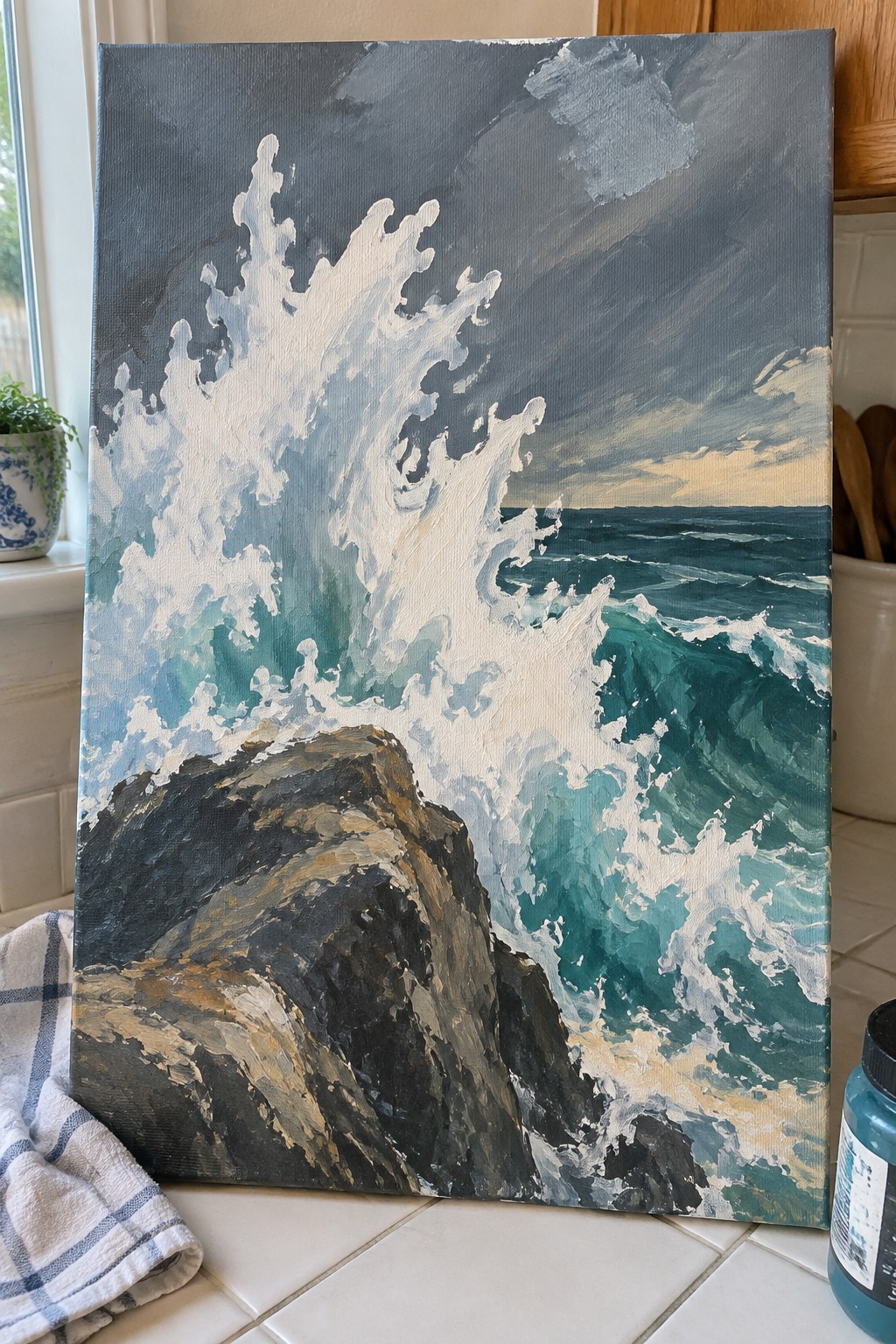 Large oil painting of crashing white waves on dark rocks under stormy teal sea.