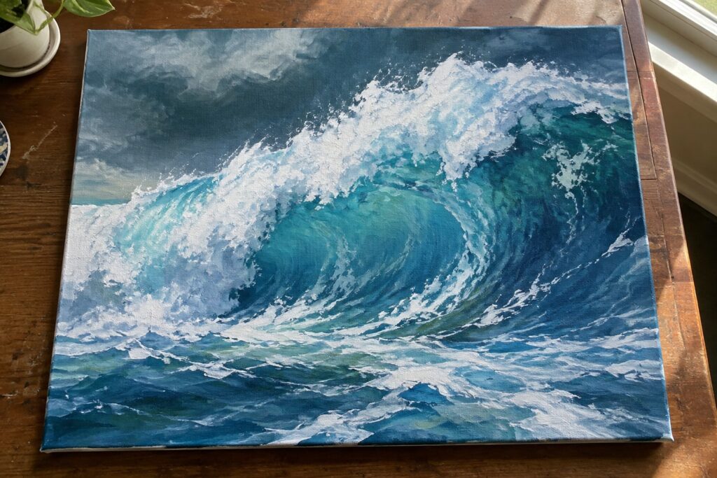 Ocean wave painting in blue and turquoise with white foam on wooden table
