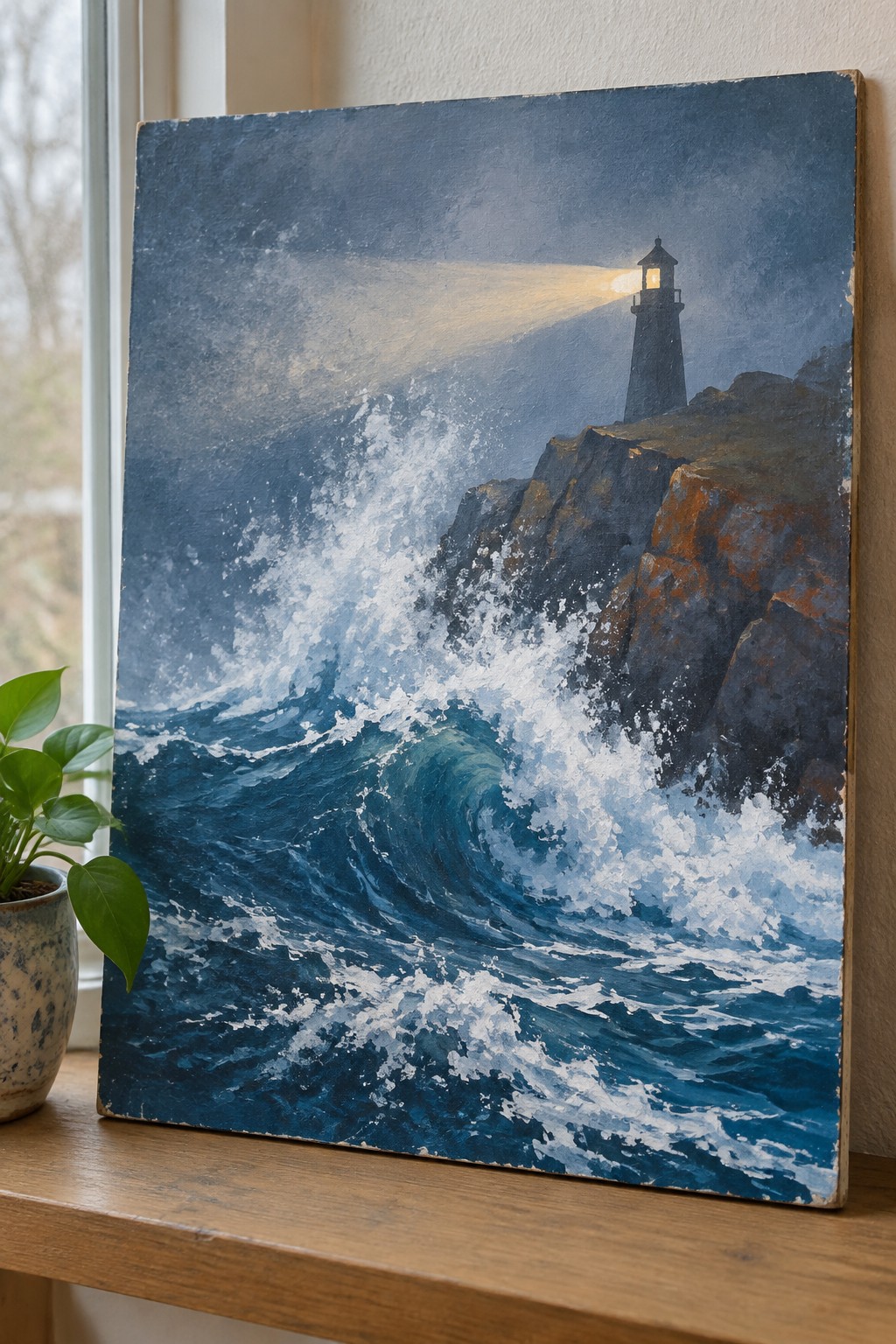 Dramatic painting of lighthouse beaming over crashing waves on stormy rocky cliffs