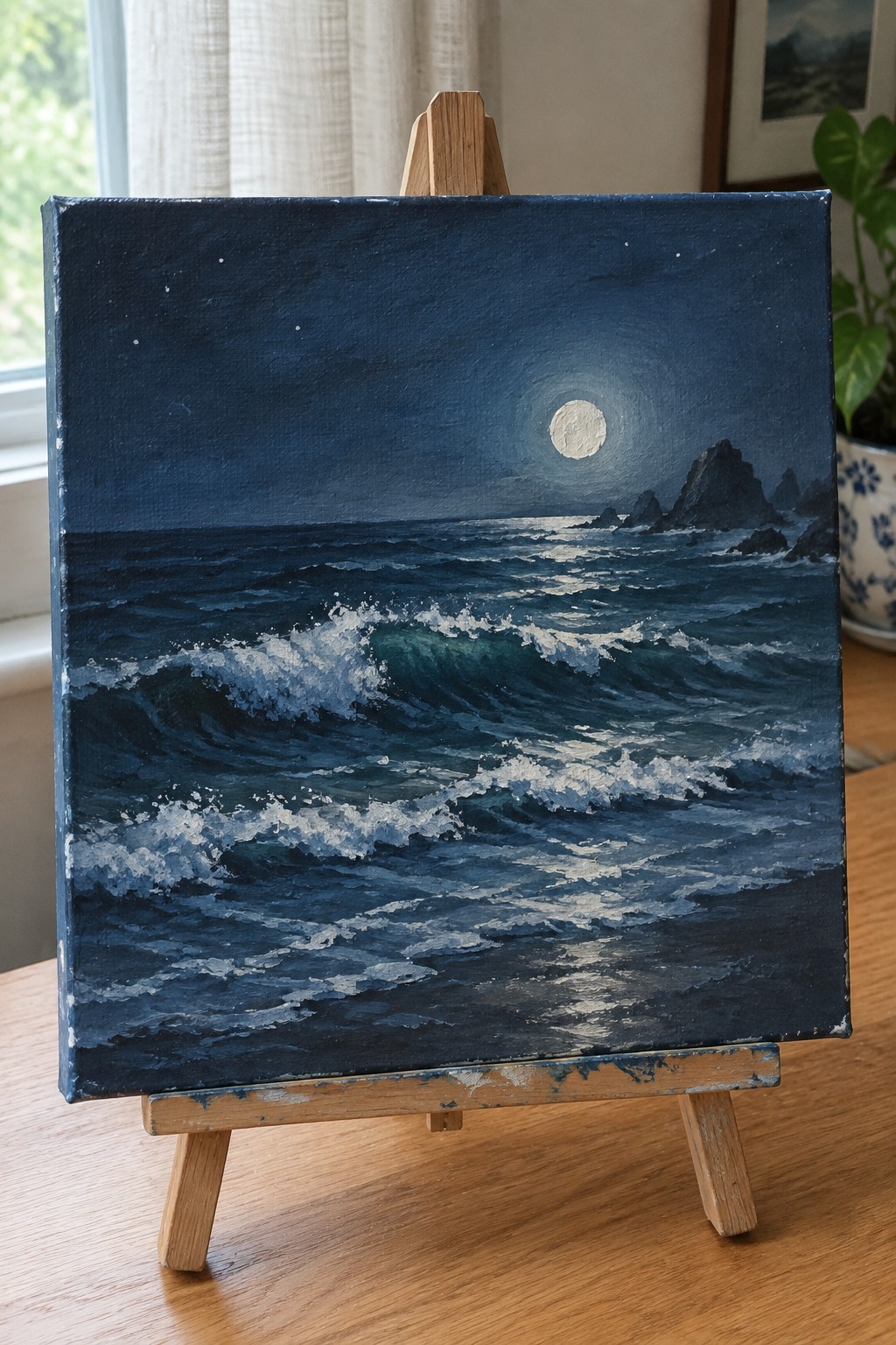Acrylic painting on an easel showing dark blue ocean waves with white foam at night under a full moon, with rocky landforms on the right horizon.
