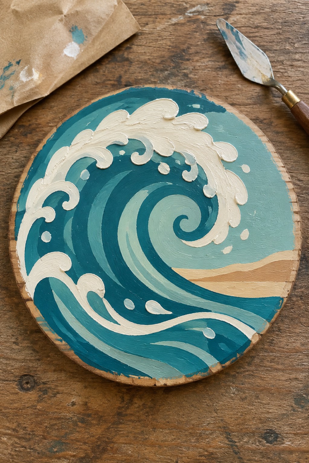 Textured teal wave painting on round wooden board beside palette knife on table.