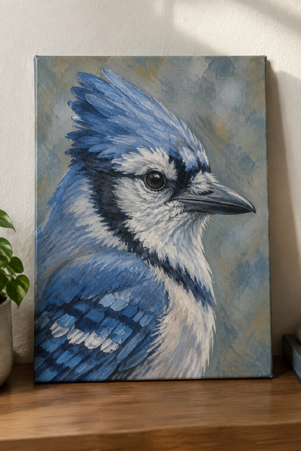 Blue jay painting on canvas with blue crest and white chest on wooden table