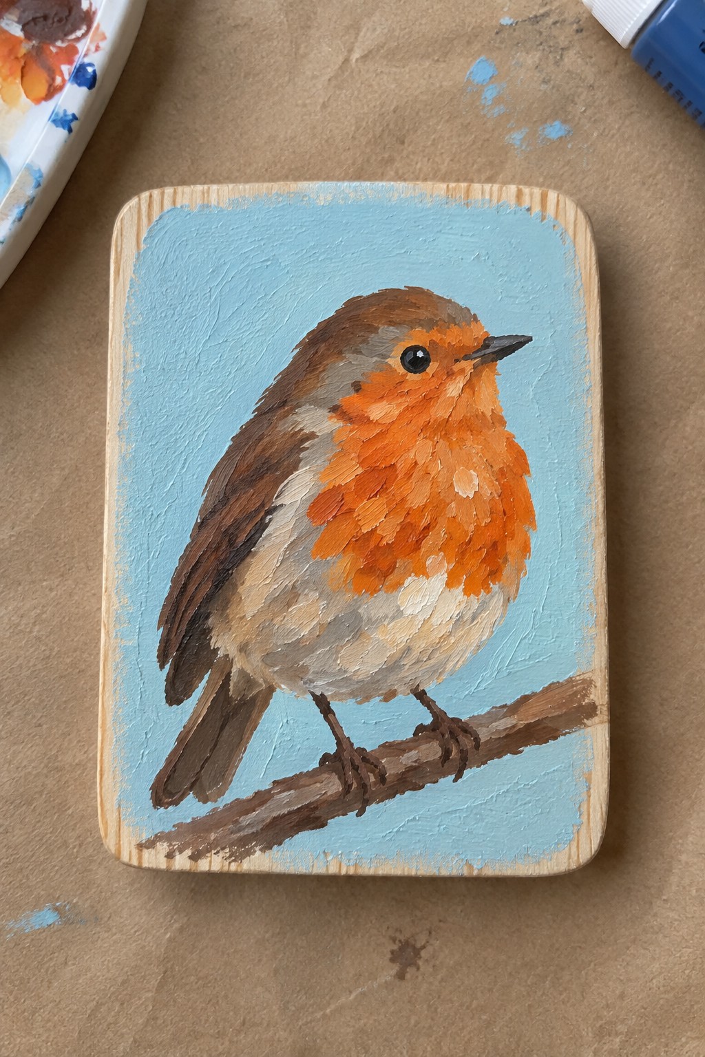 Robin with orange breast perched on branch against light blue on wooden plaque