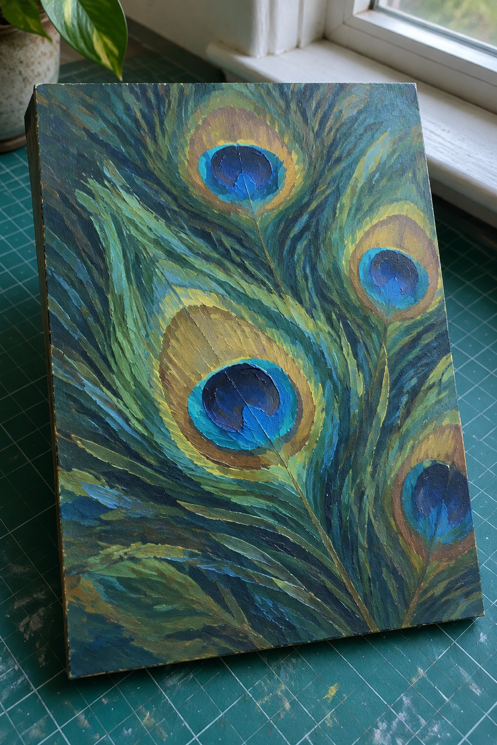 Textured peacock feather painting in blues greens and golds on canvas near window