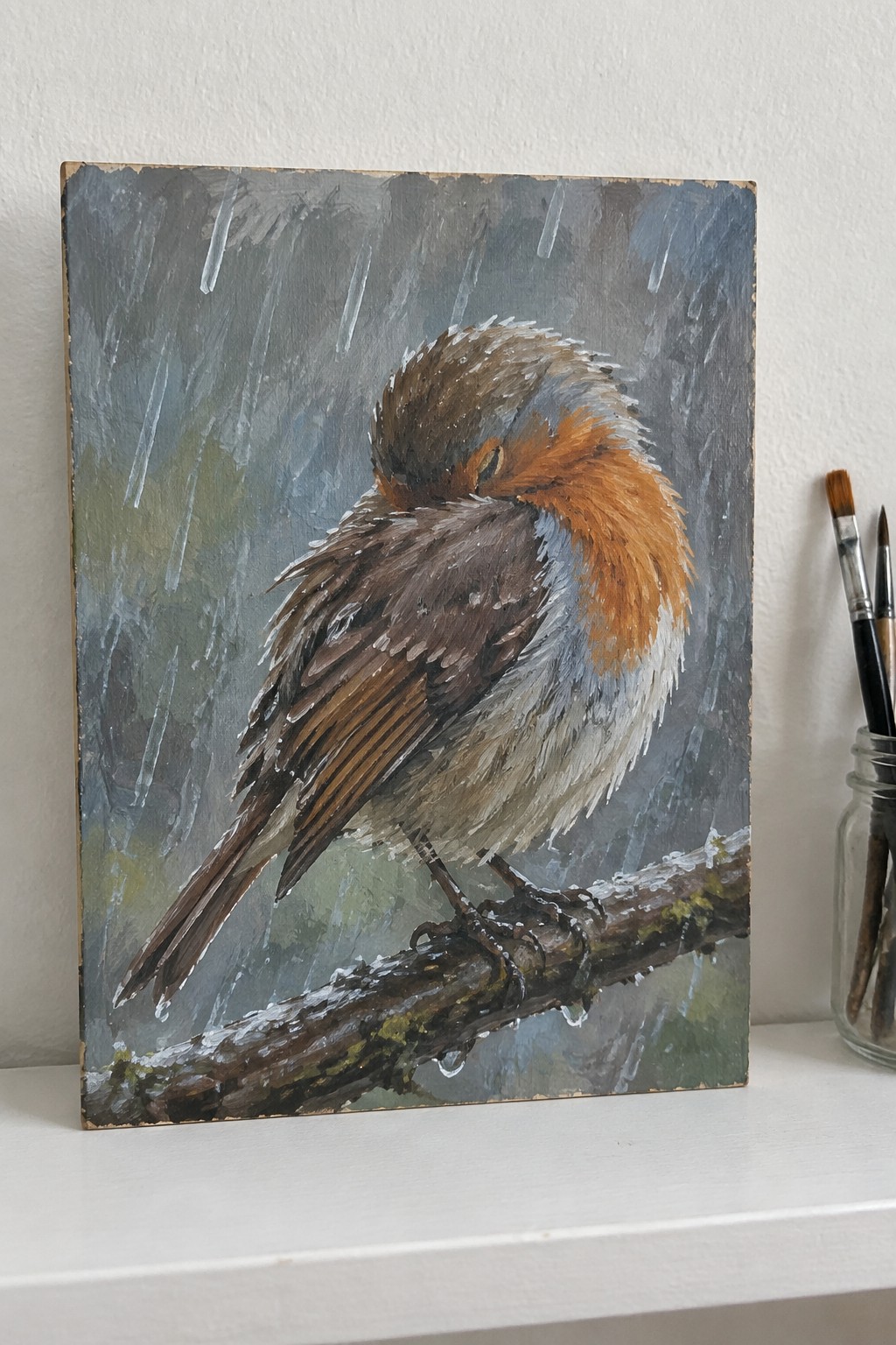 Painting of a robin huddled on a snowy branch in falling rain, with brushes nearby