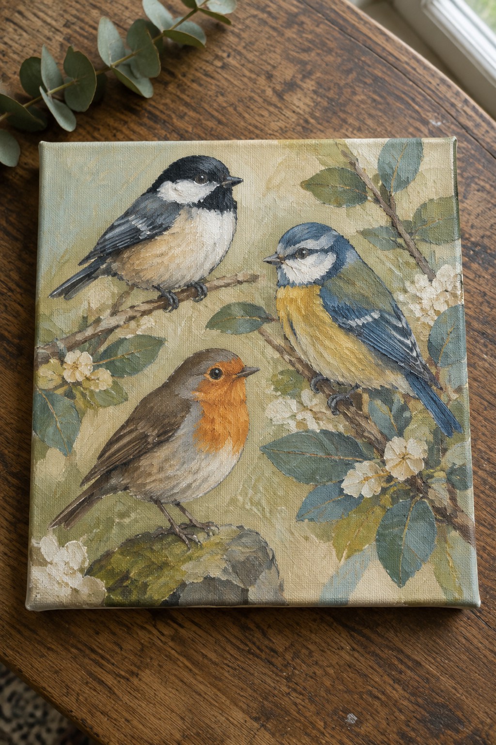 Three songbirds perched on branches with leaves and white flowers on canvas