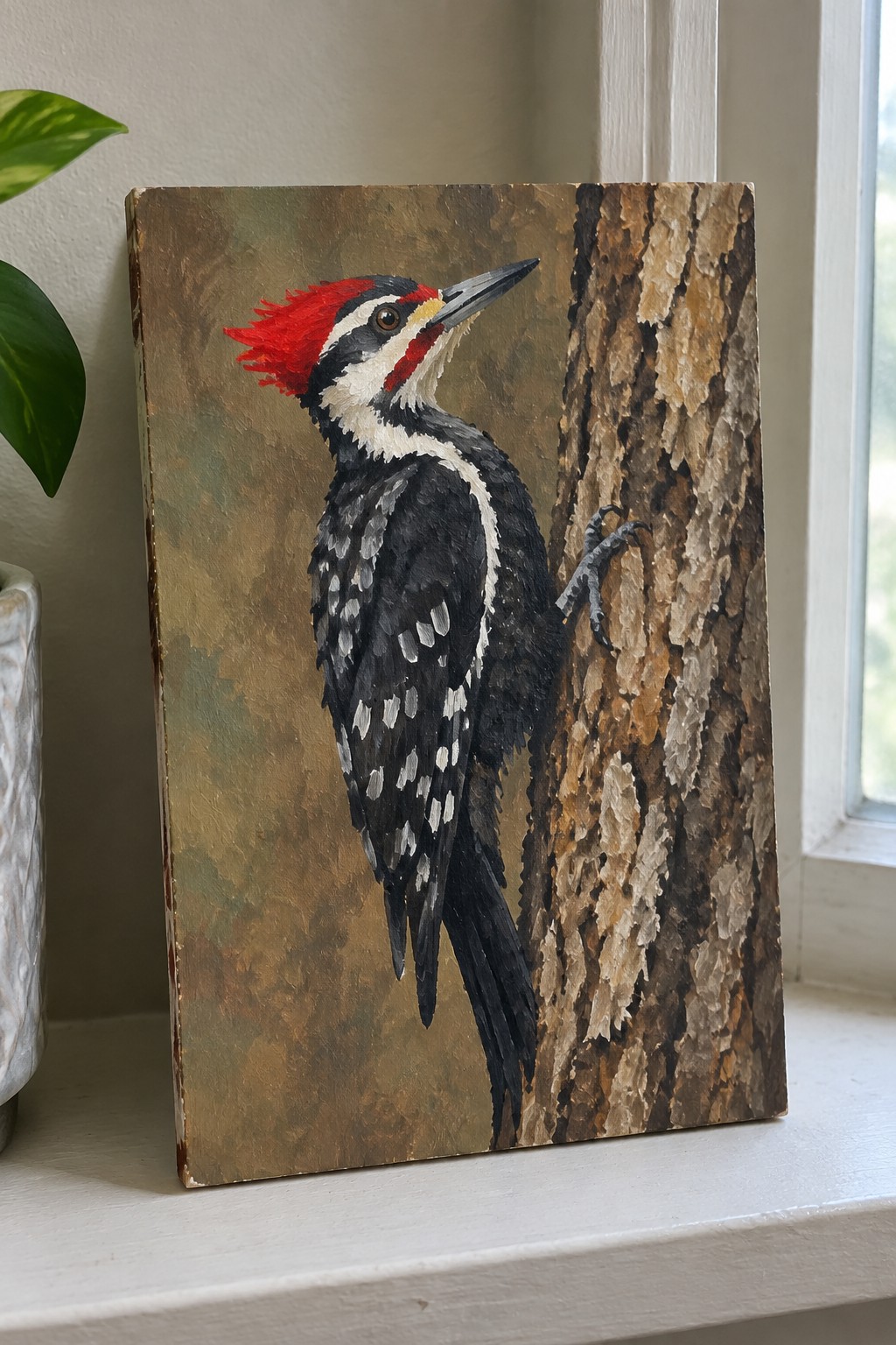 Realistic painting of red-crested woodpecker clinging to textured tree bark on windowsill.