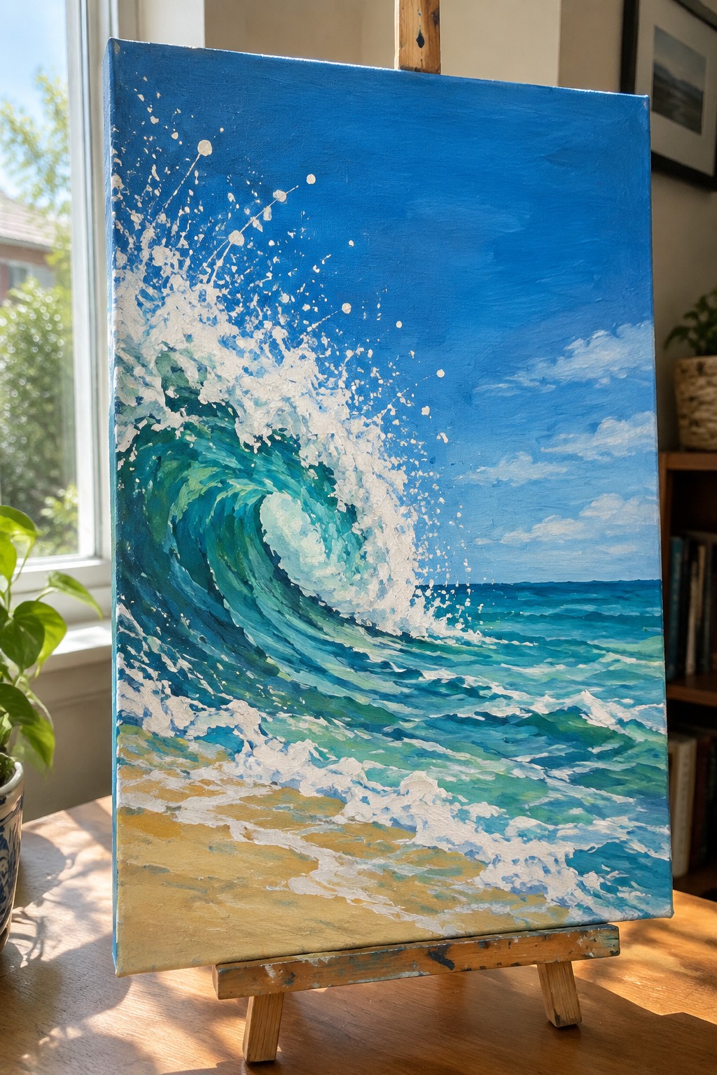 Vibrant painting on easel of curling turquoise wave with white foam on beach