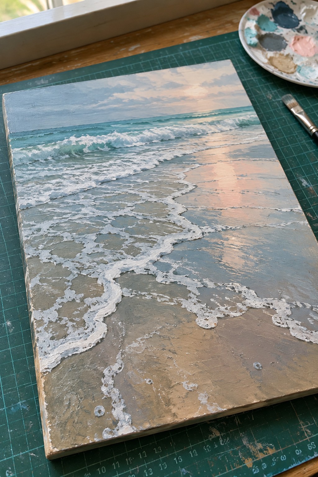 Seascape painting of turquoise waves and foamy surf on sandy beach with palette