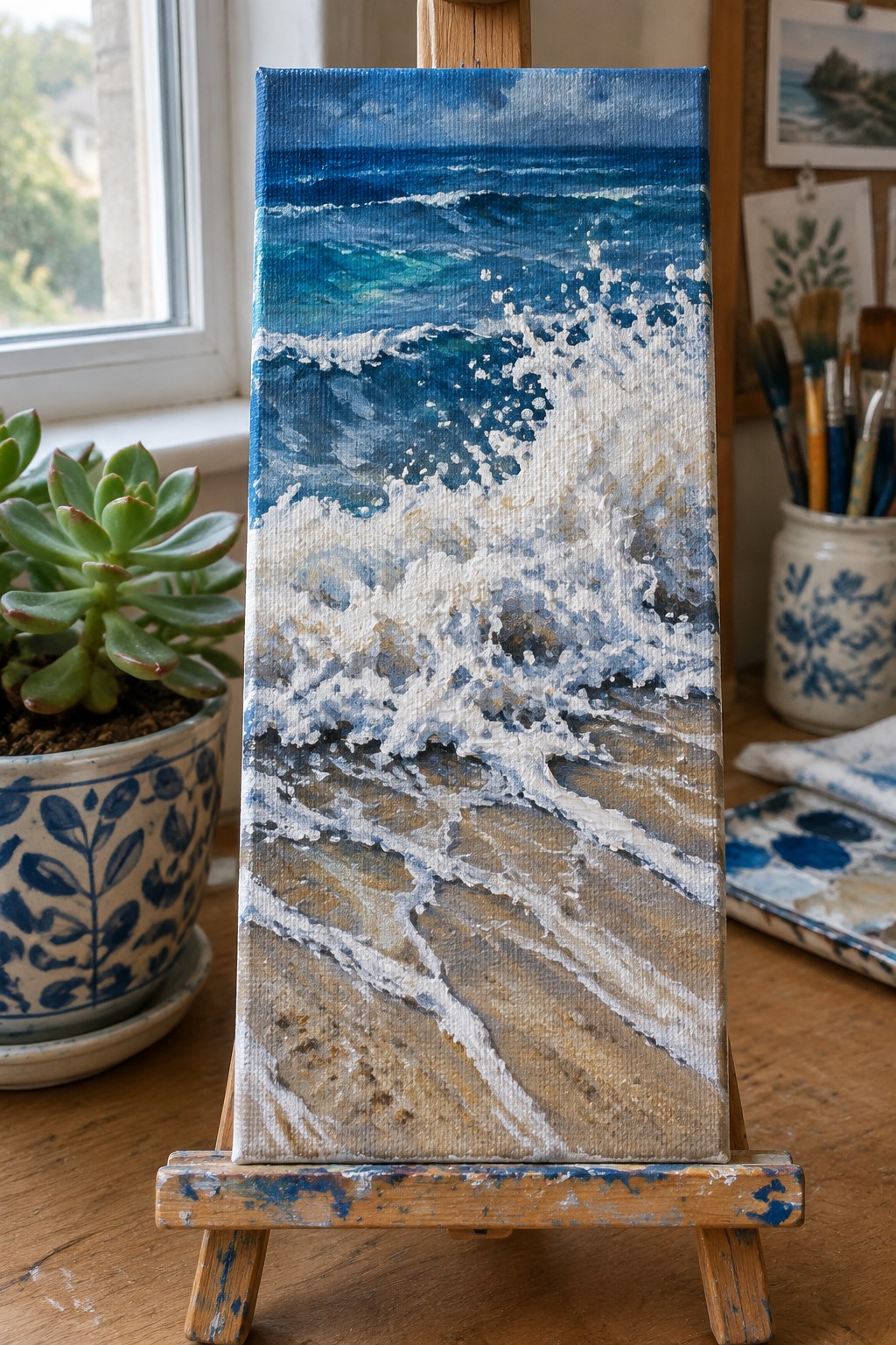 Seascape painting of crashing blue waves on canvas atop wooden easel in studio