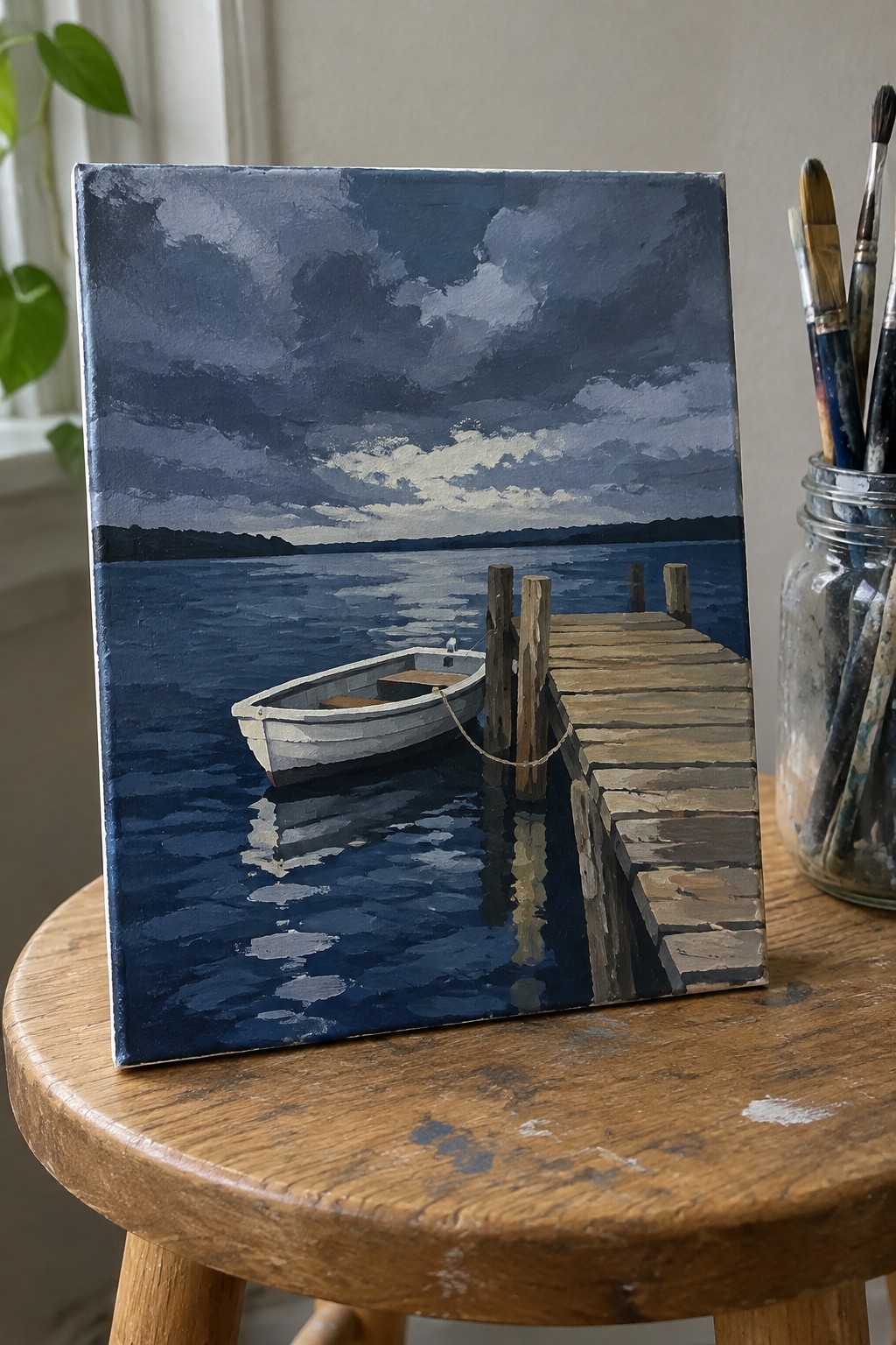 Seascape painting of white boat moored to wooden dock under stormy blue skies