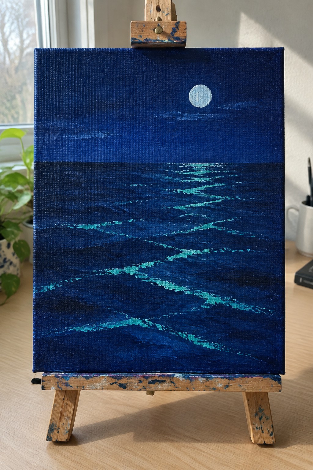 Moonlit night seascape painting with turquoise waves on wooden easel in studio