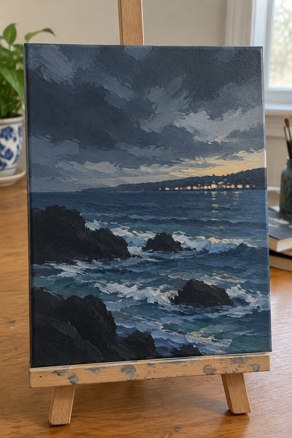 Stormy seascape oil painting on wooden easel with dark waves and black rocks