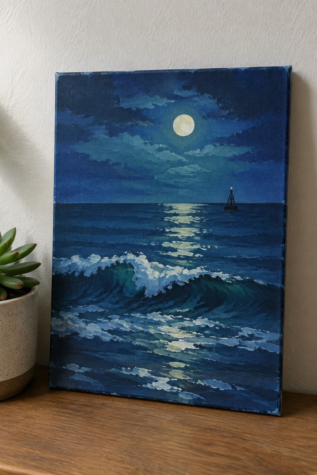 An acrylic painting of a full moon over a dark blue ocean with white-capped waves and a small buoy in the distance.