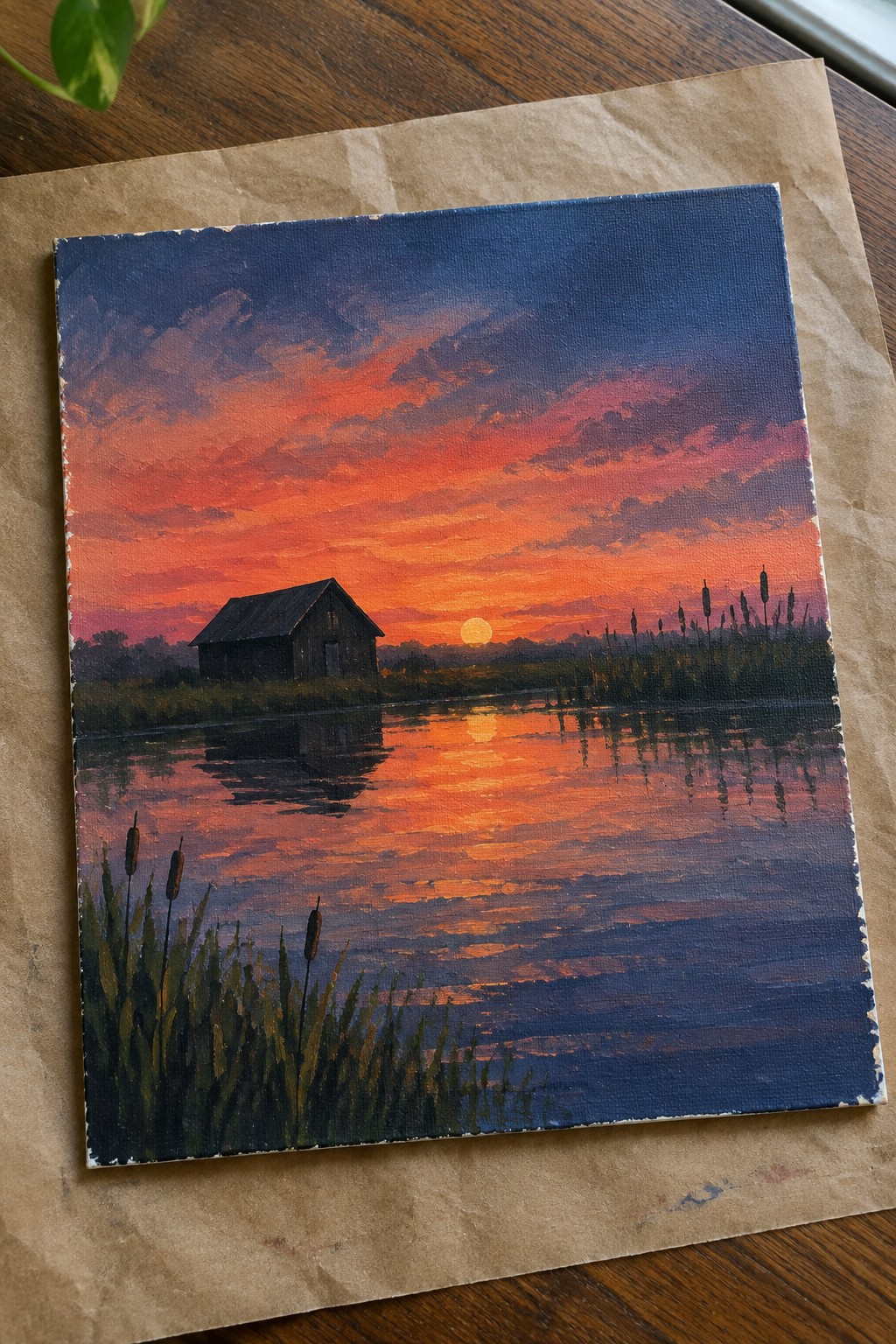 Oil painting of vibrant sunset over water with barn and foreground reeds