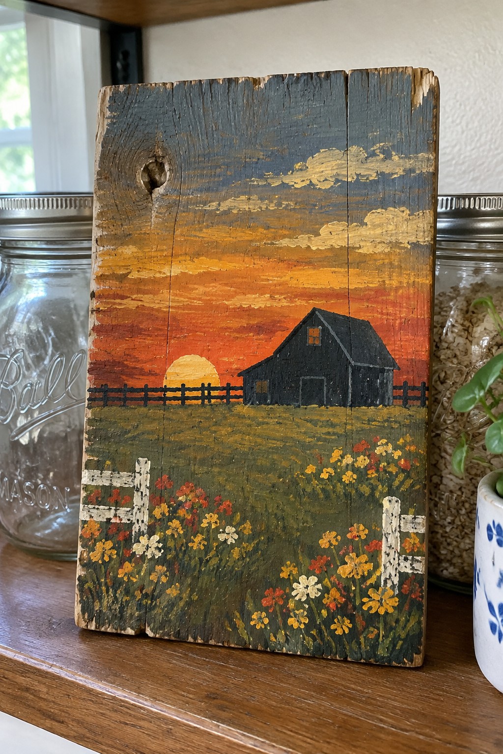 Weathered wooden board painted with black barn at orange sunset over wildflower field beside mason jars.
