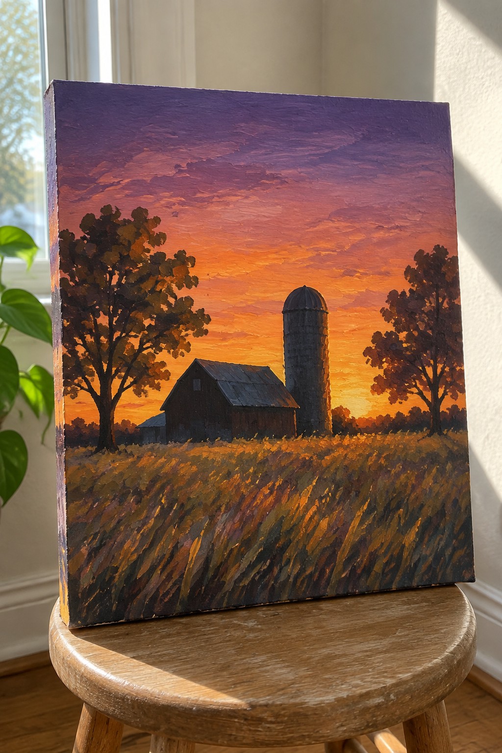 Sunset painting of barn, silo, trees, and golden field on wooden stool