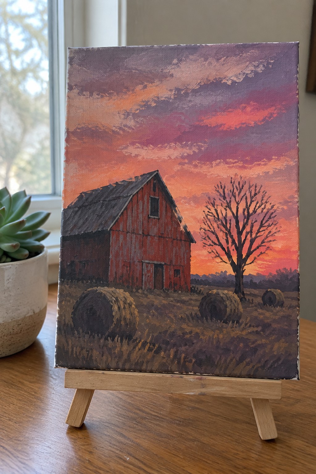 Red barn sunset painting on easel beside potted succulent on wooden table