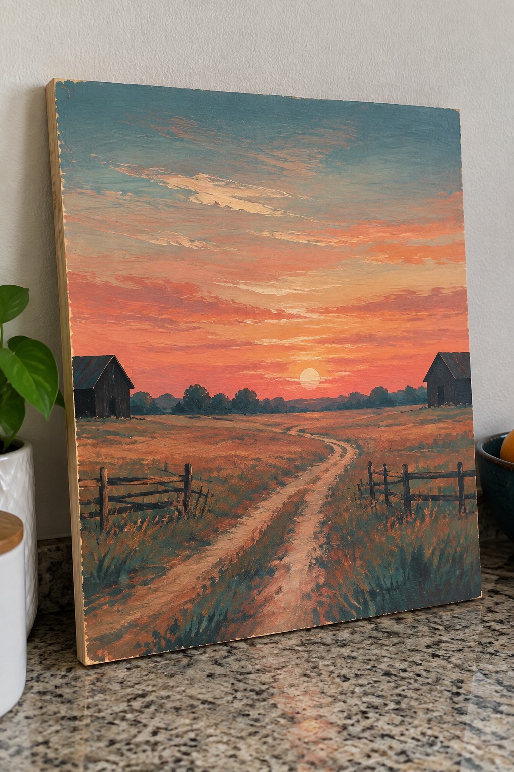 Rustic painting of vibrant sunset over winding dirt path between two barns and fences