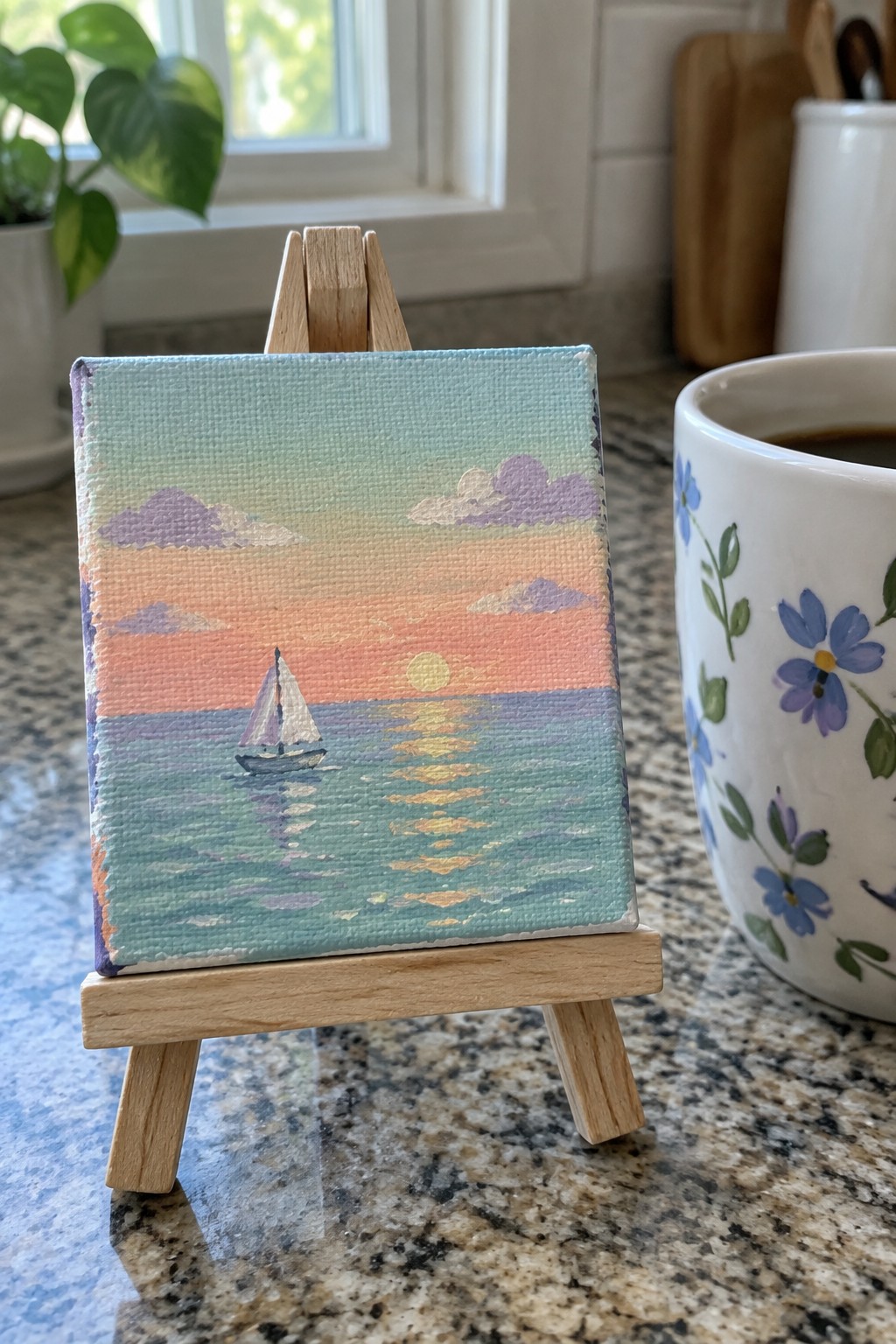 Miniature sailboat sunset painting on wooden easel beside floral mug on countertop