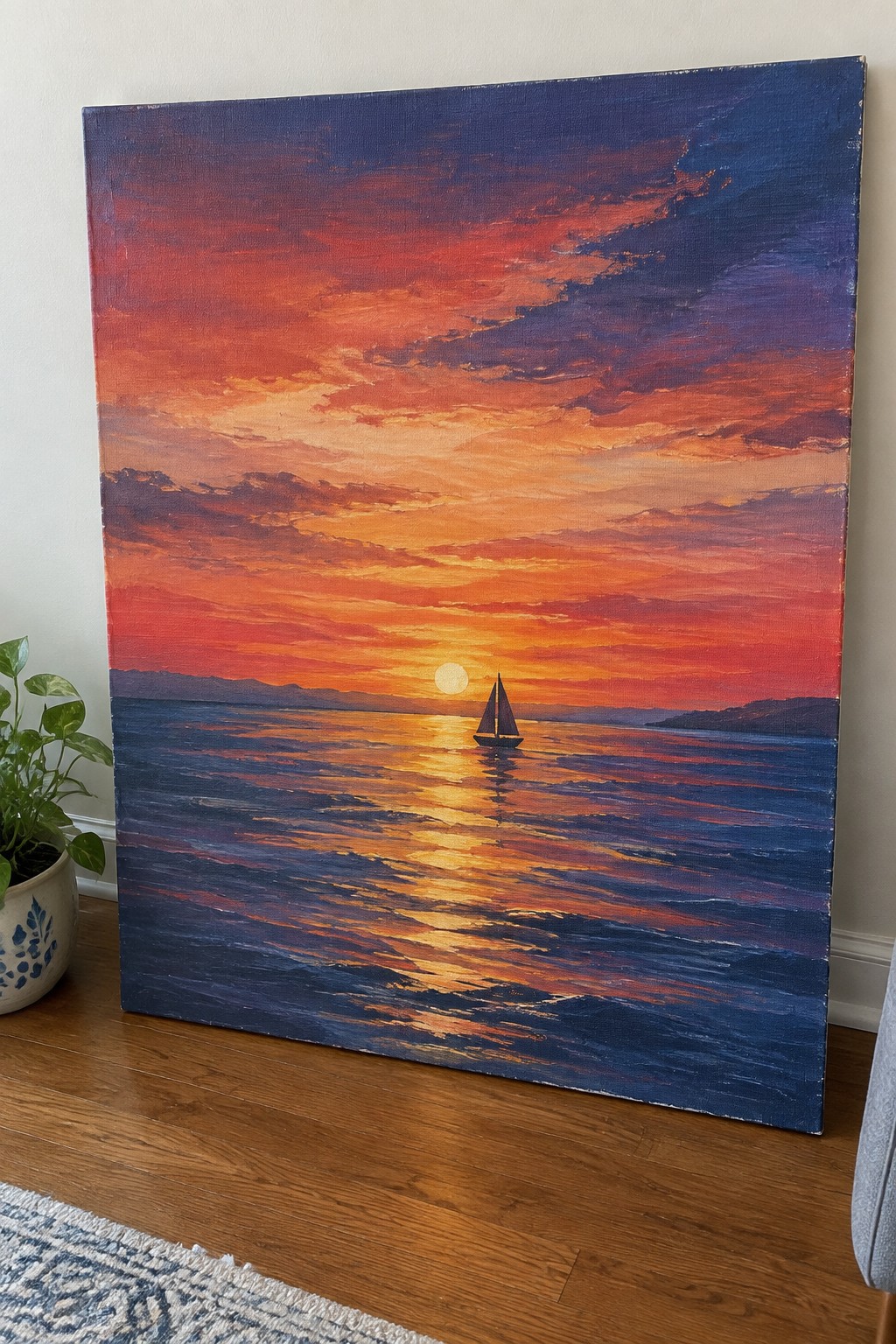 Colorful sunset seascape painting with sailboat leaning against wall beside potted plant