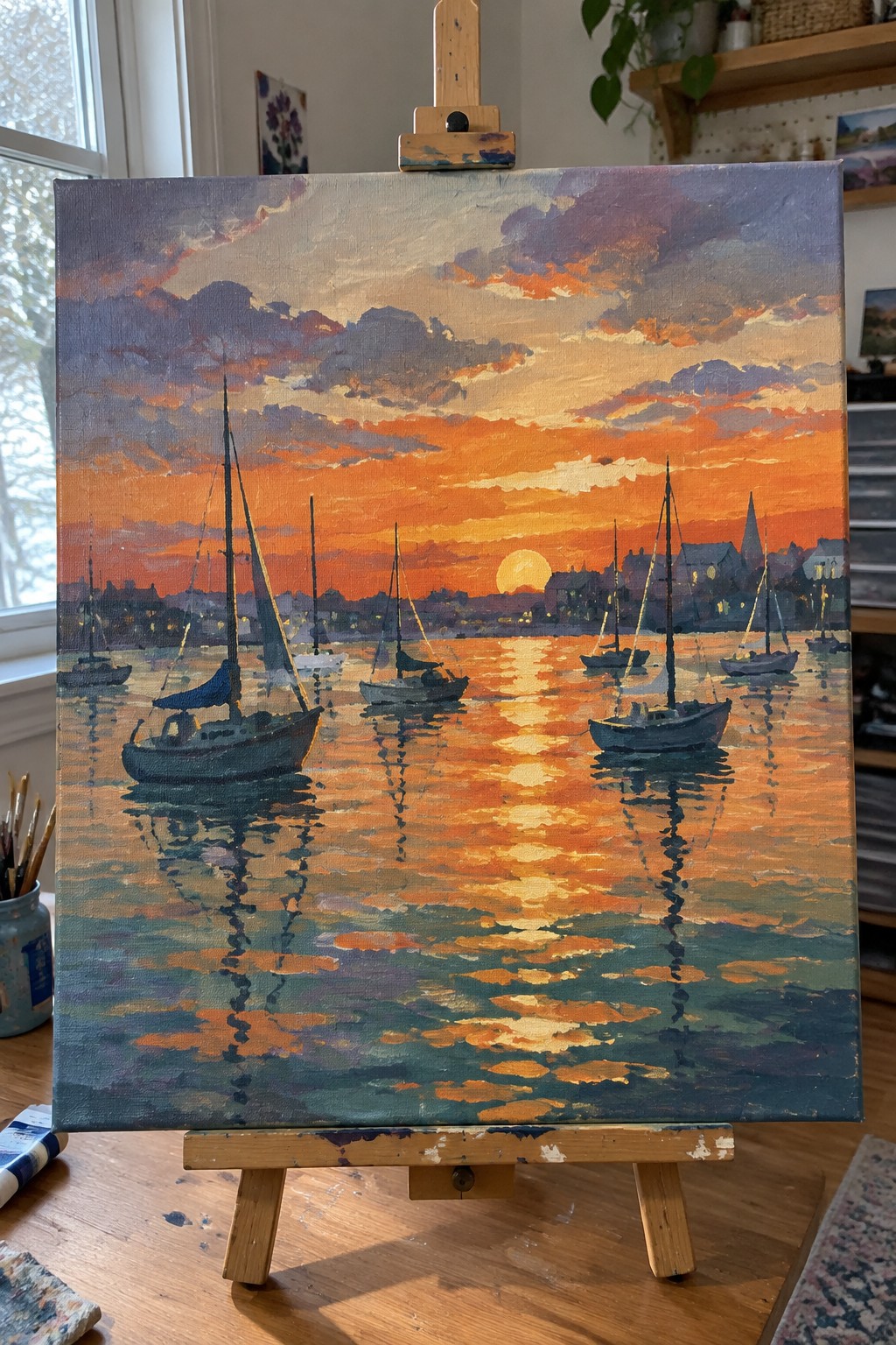 Oil painting on easel of sailboats reflecting vibrant orange-purple sunset over harbor with town skyline