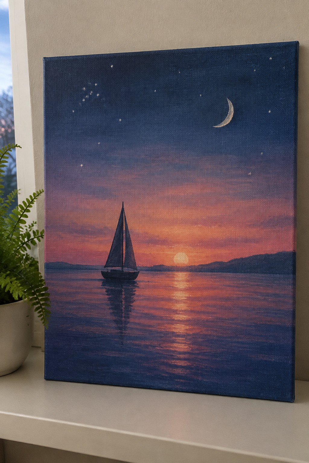 Sailboat silhouette on calm waters reflecting vibrant sunset under starry night sky