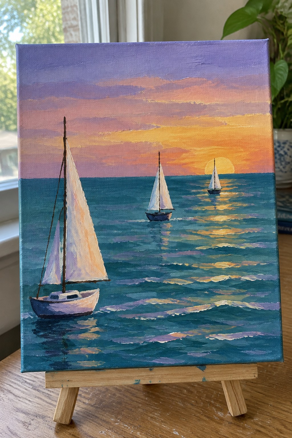 Three sailboats on vibrant sunset ocean painting displayed on wooden easel