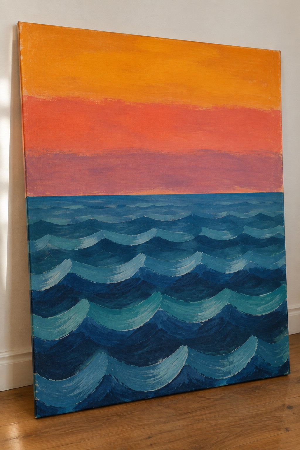 Vibrant painting of orange-red sunset sky above rolling blue ocean waves