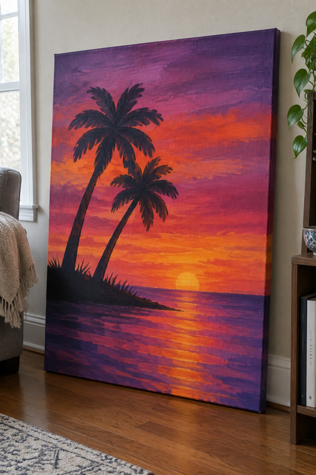 Large painting of two palm trees silhouetted against vibrant orange-purple sunset over water.