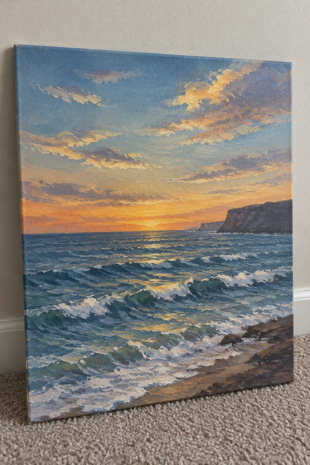Oil painting of crashing blue waves at golden sunset with rocky cliffs and clouds