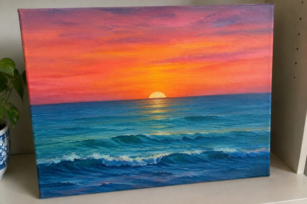 Colorful sunset painting with orange-pink sky over blue ocean waves on canvas