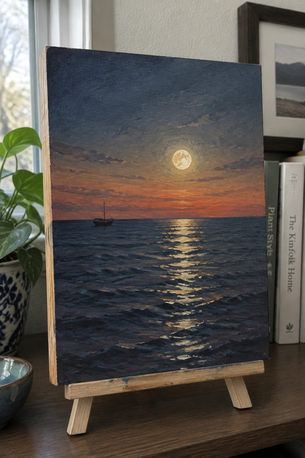 Painting on easel of full moon over ocean with sailboat at orange sunset