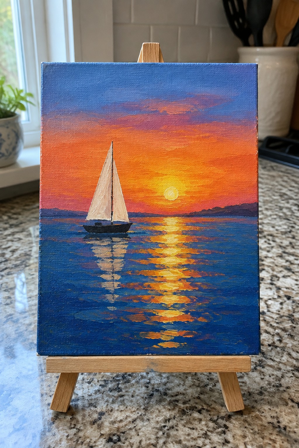Small canvas painting of sailboat at sunset on wooden easel
