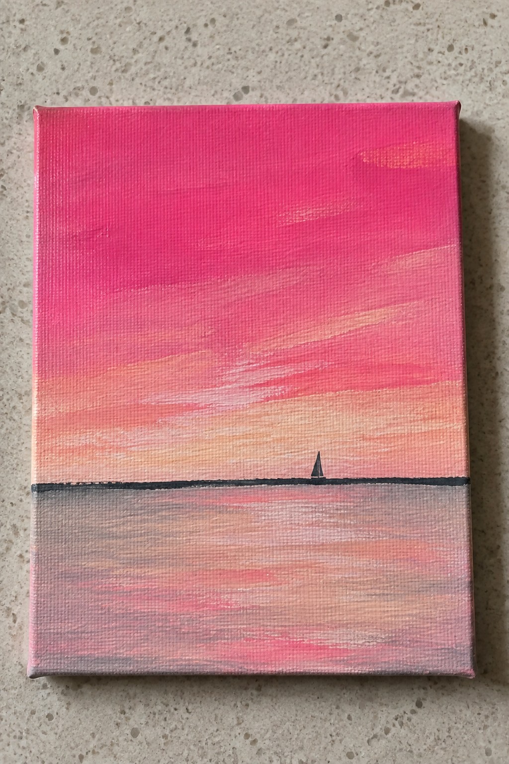 Textured canvas painting of pink-orange sunset sky over water with lone sailboat silhouette