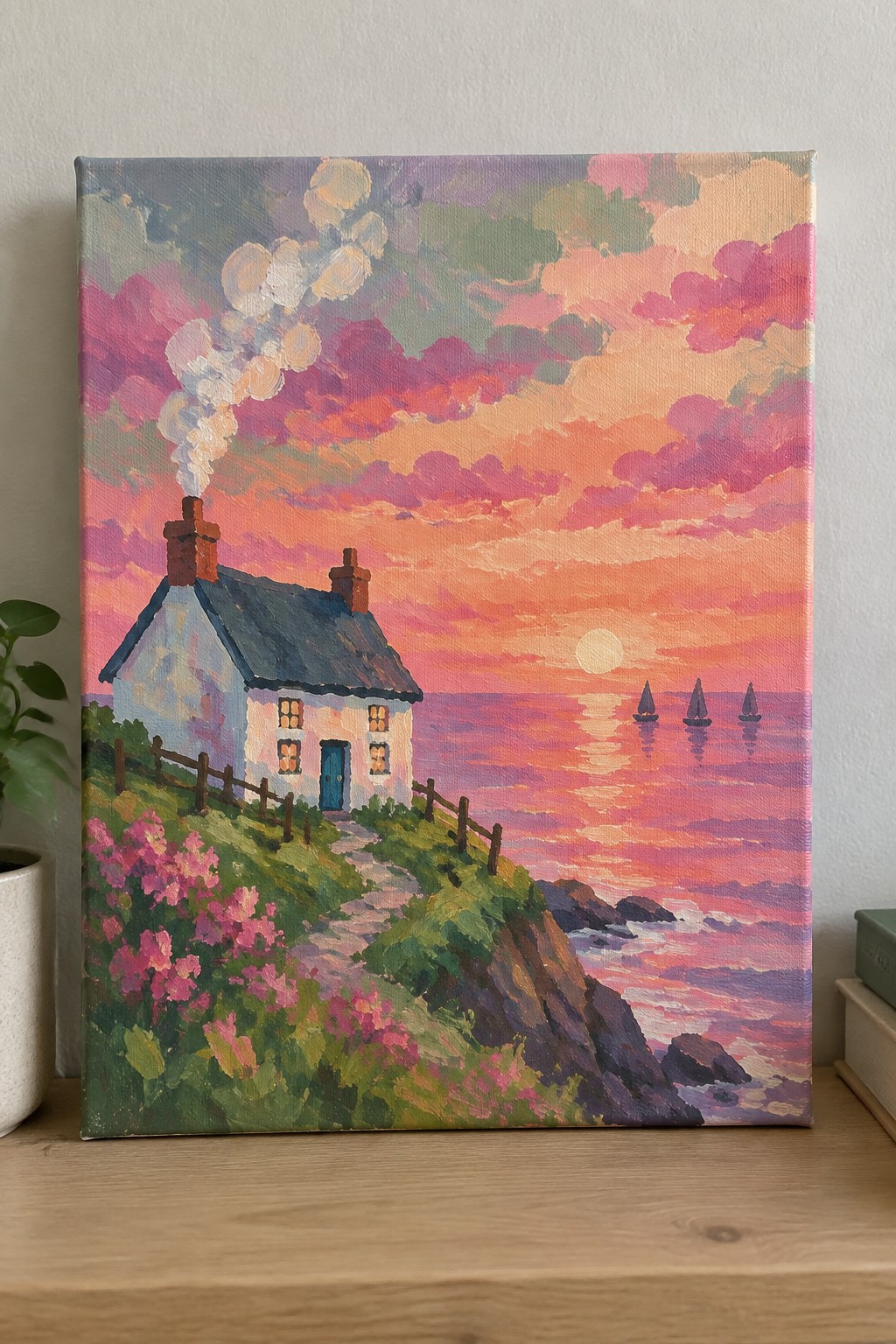Colorful painting of white cottage on cliff by pink sunset ocean with sailboats and flowers