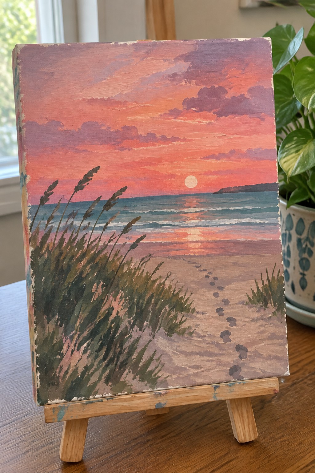 Sunset beach painting with orange sky, footprints in sand on wooden easel