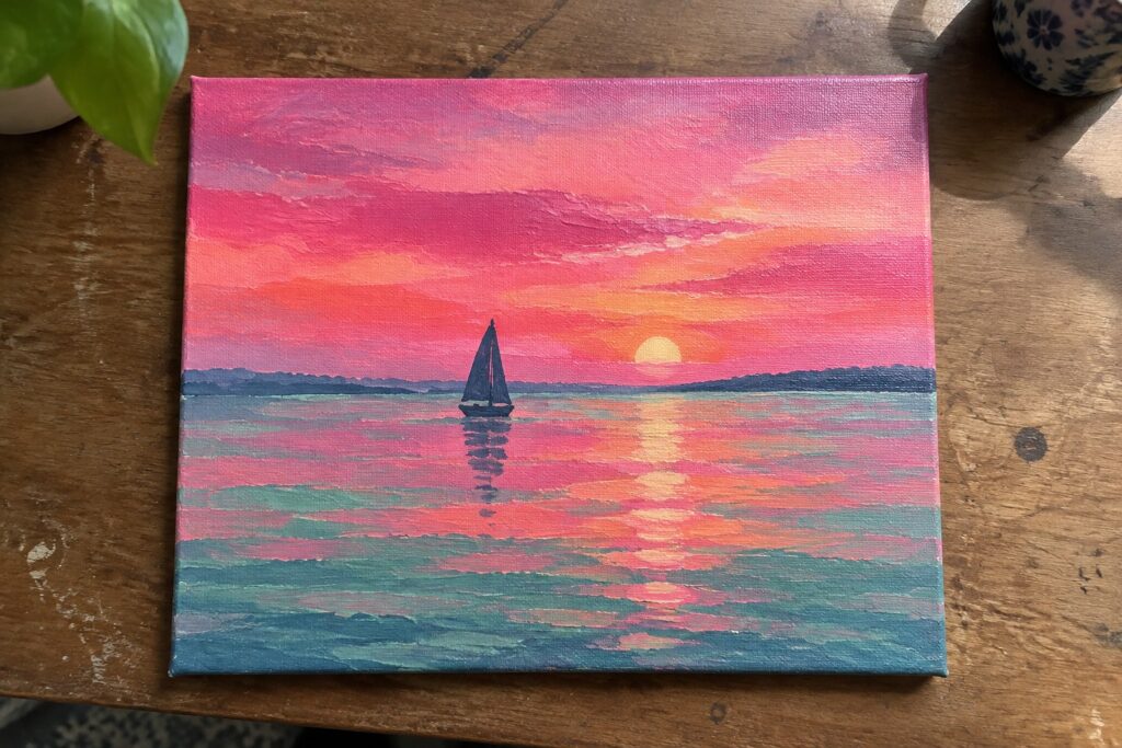 Colorful sunset painting with sailboat on pink-orange reflective waters and distant hills