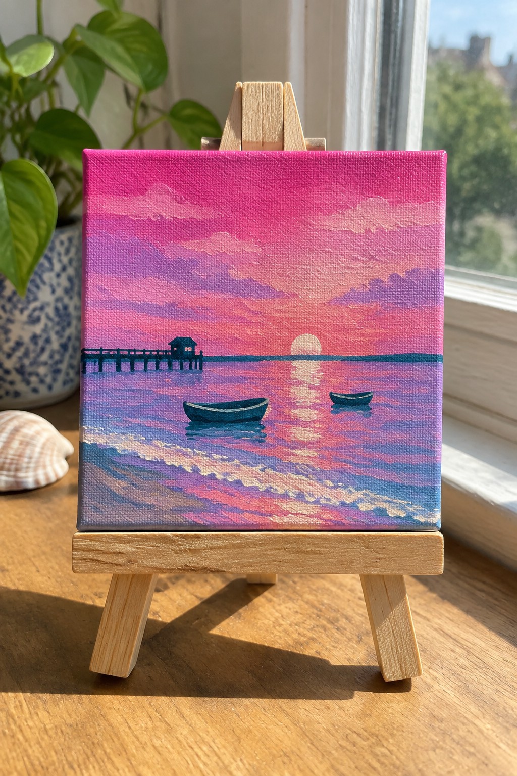 Small canvas on easel shows pink-purple sunset, pier, waves, and two boats.
