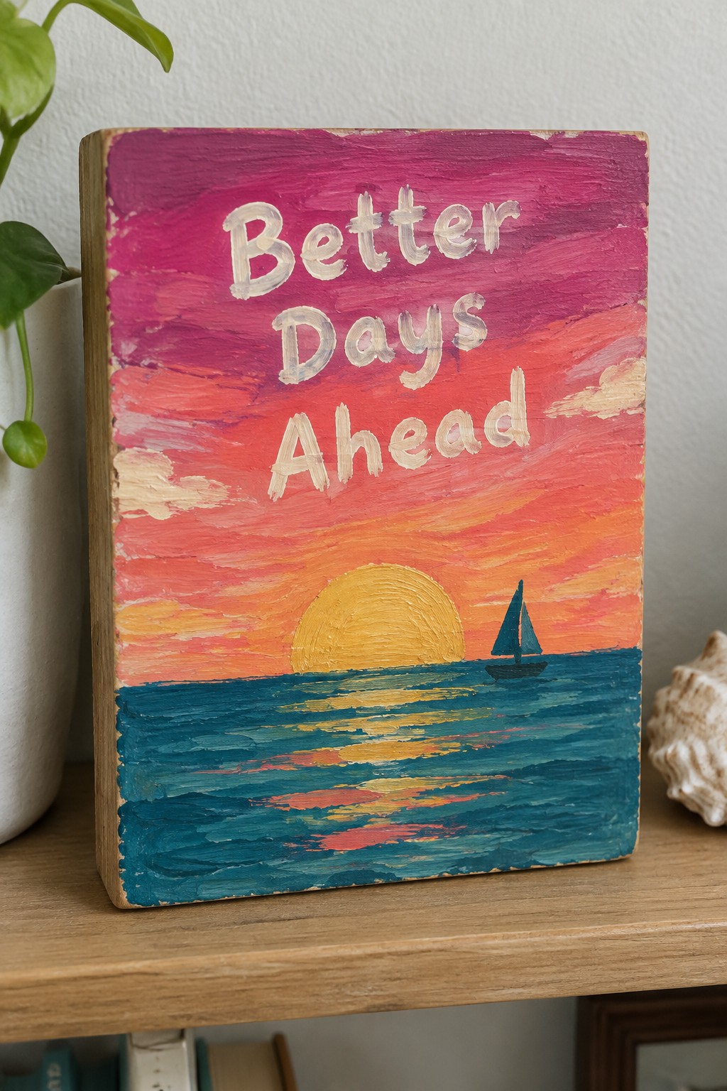 Hand-painted wooden plaque with pink-orange sunset, yellow sun, blue ocean, sailboat and text