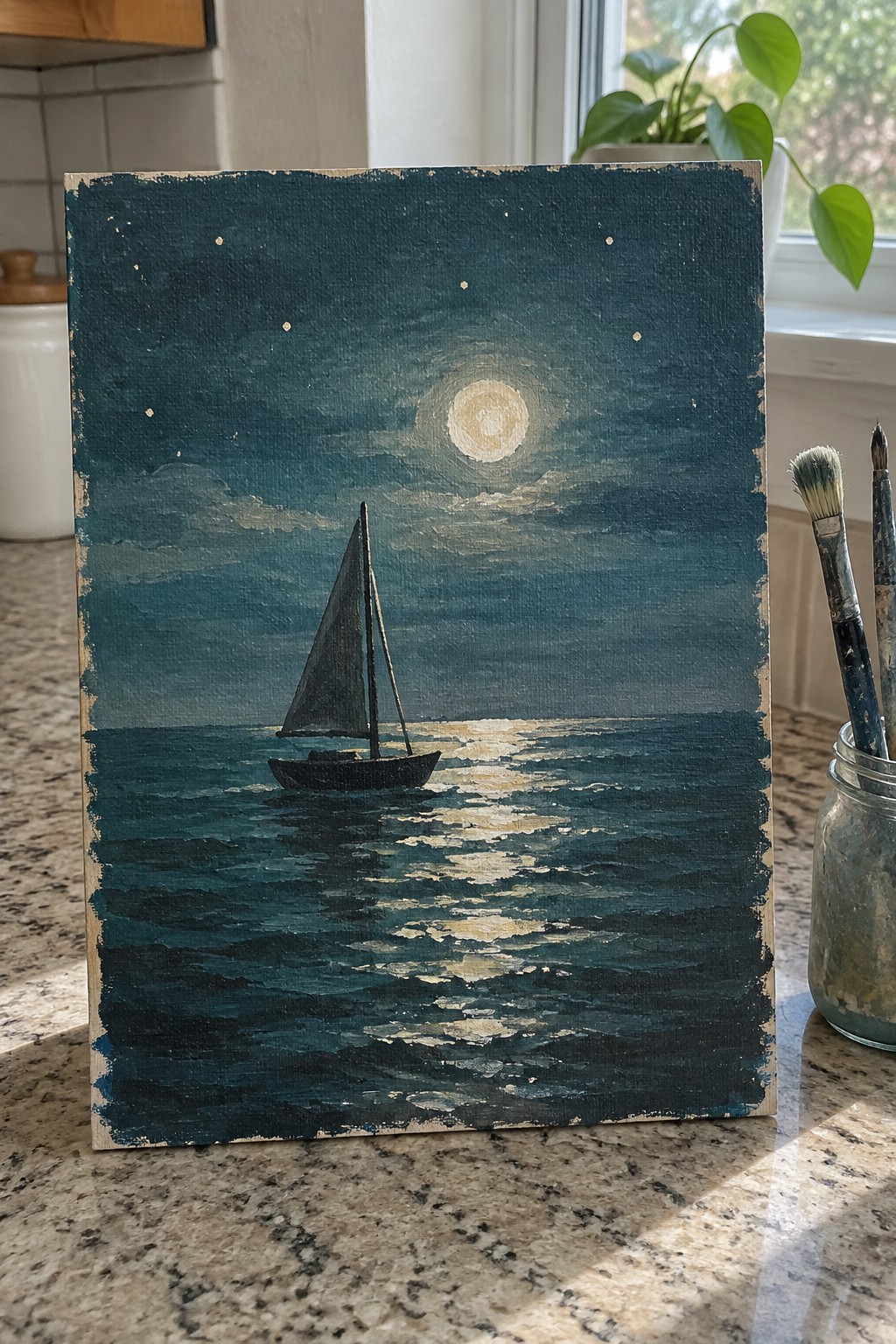 Moonlit sailboat painting on ocean with full moon reflection and starry sky
