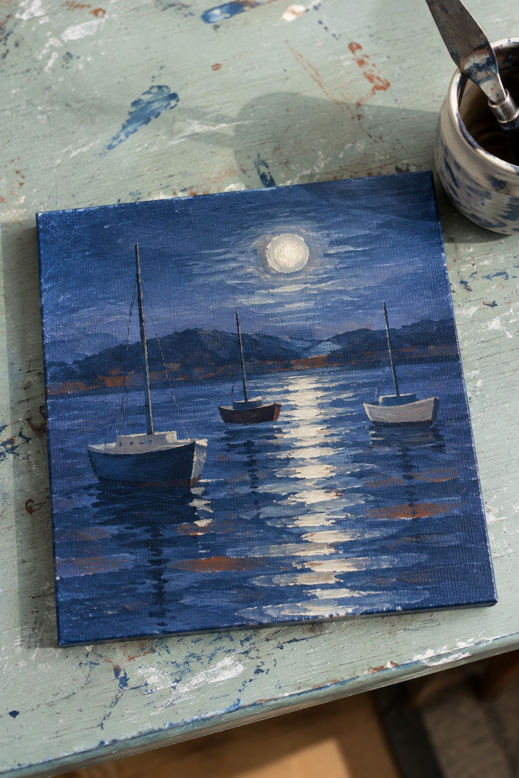 An acrylic painting of three sailboats on a moonlit ocean with distant hills, resting on a paint-splattered table beside a palette knife and cup.