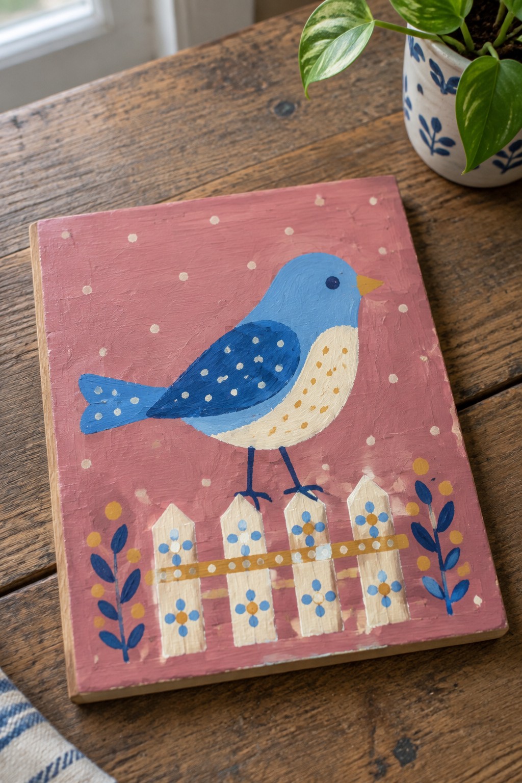 Blue bird with polka dots on pink wooden plaque above picket fence with flowers