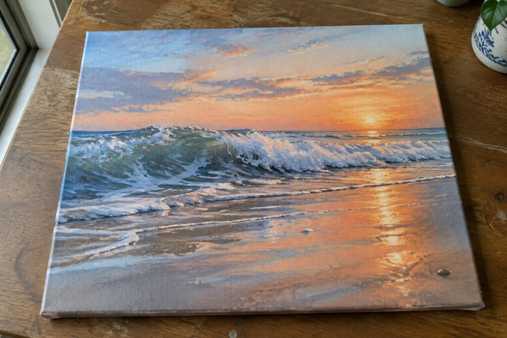 Realistic oil painting of crashing waves at vibrant ocean sunset on wooden table