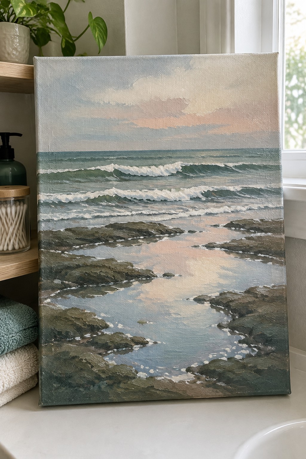 Seascape painting of waves and rocks on canvas, displayed amid bathroom towels and plants.