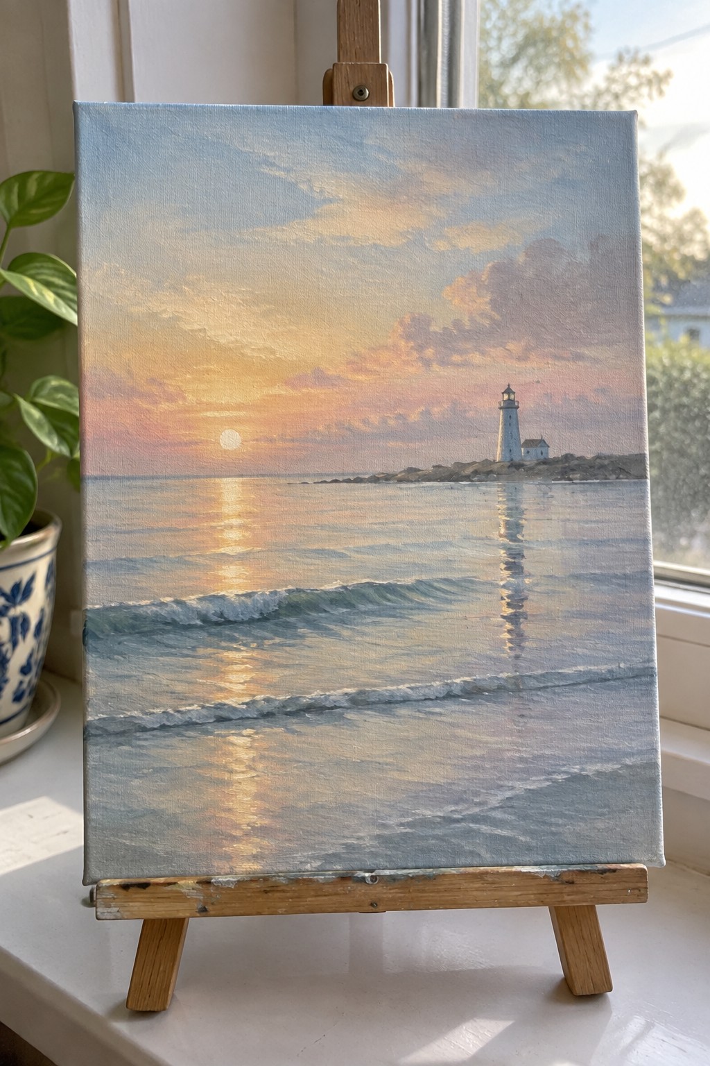 Canvas on wooden easel showing lighthouse by sea at sunset with waves.