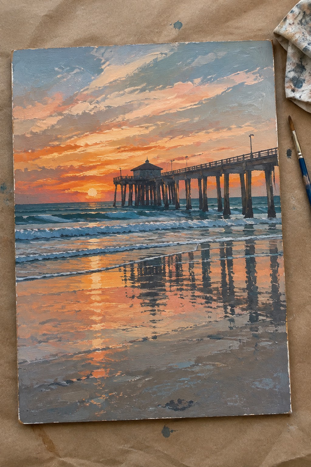 Oil painting of sunset pier over ocean with orange-pink clouds and wet sand reflections.