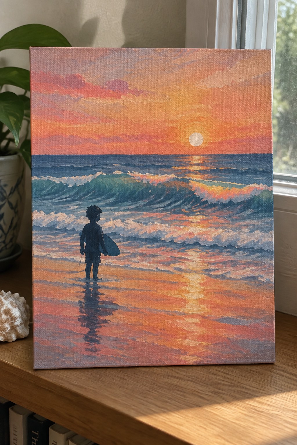 Painting of silhouetted child with surfboard standing in waves during vibrant ocean sunset