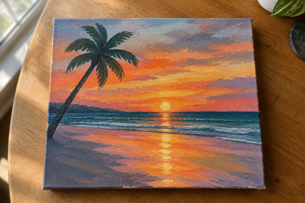 19 Beautiful Sunset Beach Acrylic Painting Ideas With Reflective Shorelines Canvas painting of palm tree on beach at vibrant orange-purple ocean sunset